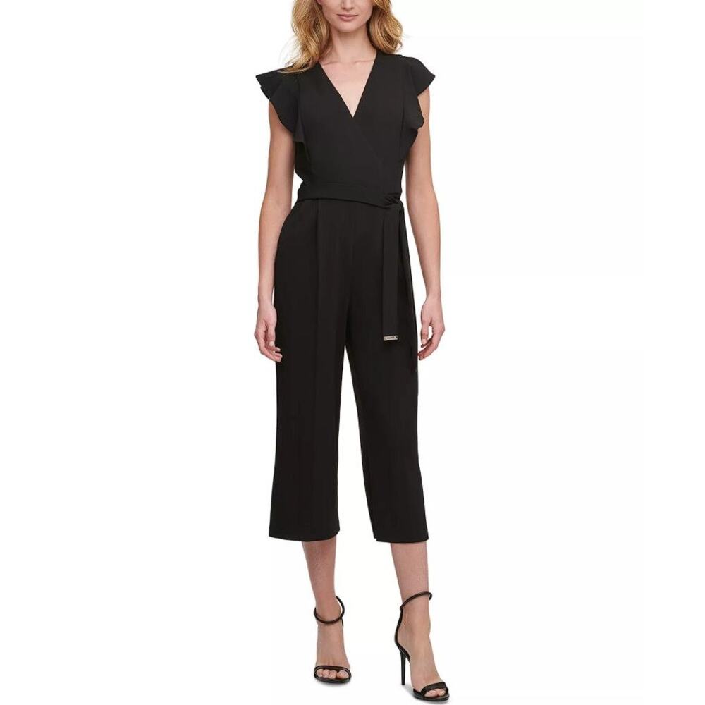 TOMMY HILFIGER Women's Flutter-Sleeve Cropped Jumpsuit Size 8 In Navy